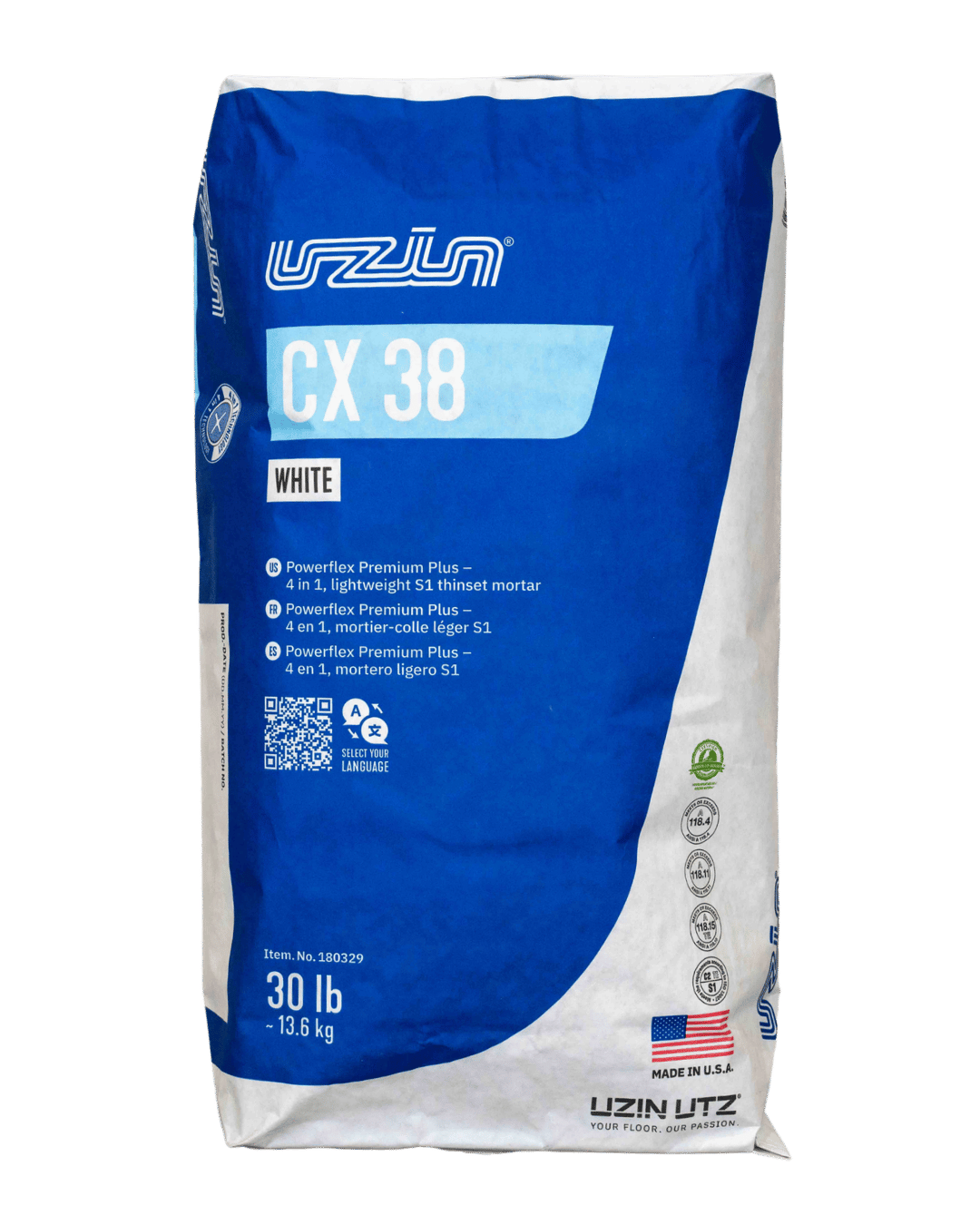 A 30 lb bag of Uzin CX 38 White lightweight thinset mortar with blue and white packaging, text, and multiple icons. Made in the USA.