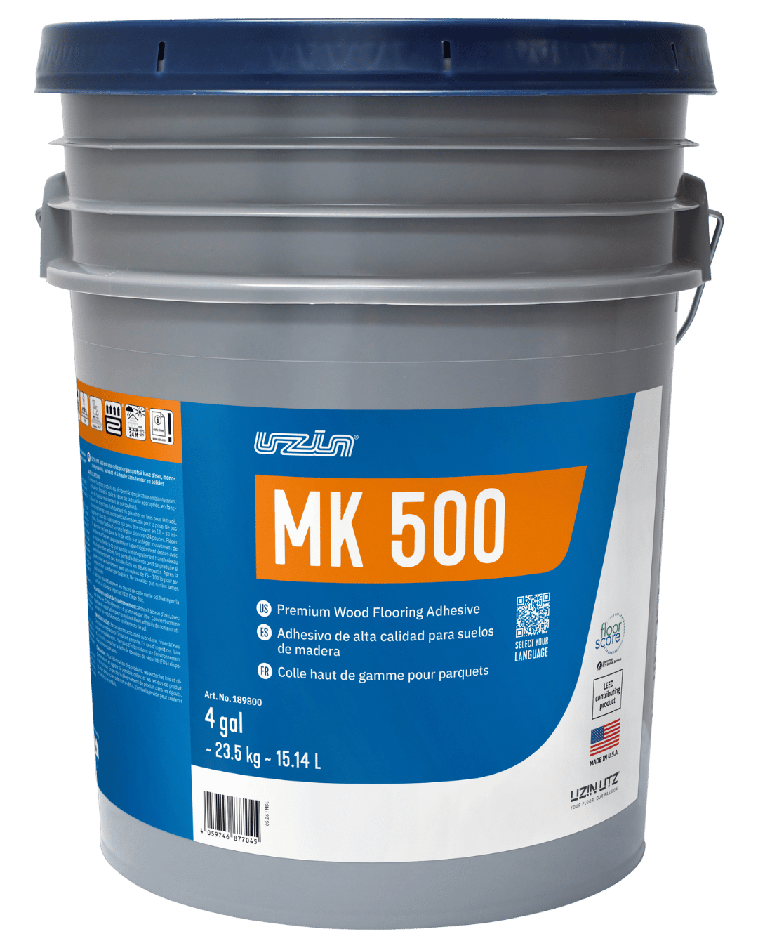 A large gray bucket labeled MK 500 containing premium wood flooring adhesive, 4 gallons (15.14L). The label includes text in English and Spanish, brand logo, and a U.S. flag symbol.