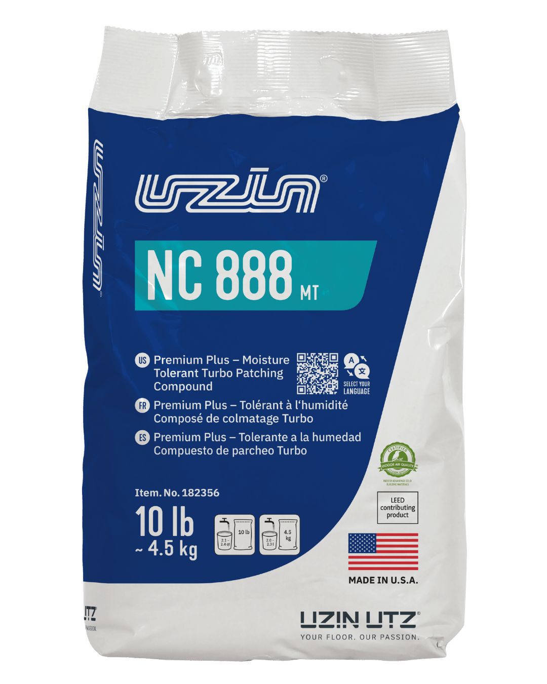 A 10 lb bag of Uzin NC 888 MT Premium Plus moisture-tolerant turbo patching compound, with blue and white packaging, product details, and a U.S. flag indicating its made in the USA.