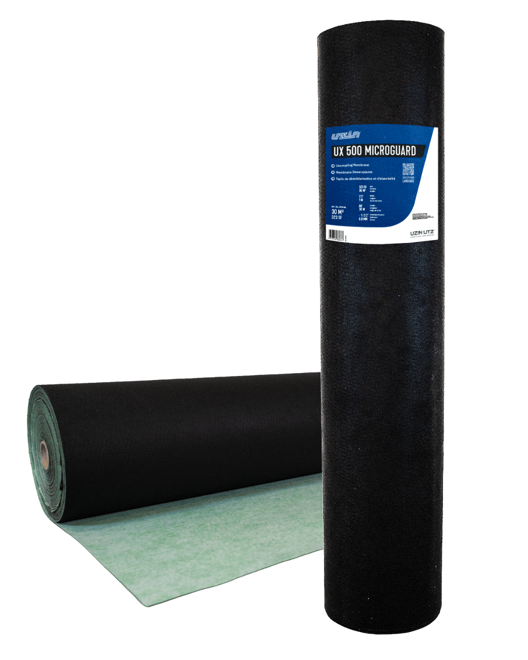 A black roll of UNCOUPLING MEMBRANE labeled UX 500 MICROGUARD stands upright next to a partially unrolled green and black fabric roll on a white background.