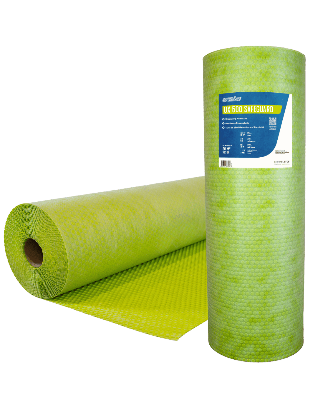 Two green textured rolls of waterproofing membrane, one standing upright with a blue product label and the other lying flat, unrolled slightly to show its surface pattern.