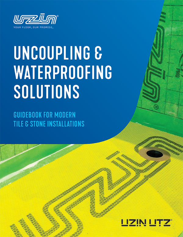 Cover of a guidebook titled Uncoupling & Waterproofing Solutions with green waterproofing material, black drain, and UZIN logos. Text is on a blue background in the top left corner.