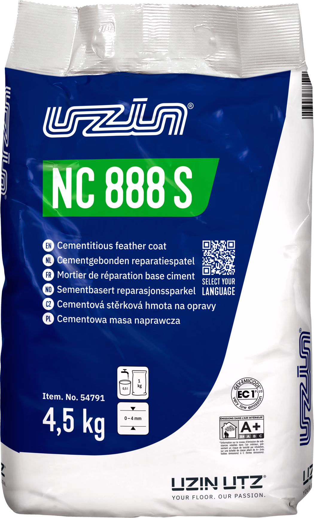 UZIN_Dummy_NC 888 S-4,5kg_INT_2025-09 Fénykép egy 4,5 kg-os UZIN NC 888 S zsákról, cementalapú javító- és kiegyenlítő habarcsról (cementitious feather coat). A csomagolás kék-fehér, zöld NC 888 S felirattal és az UZIN logóval felül. A csomagon látható a terméknév, többnyelvű leírások, egy QR-kód 'Select your language', cikkszám 54791, keverési piktogram (kb. 0,5 l víz / 1 kg), javasolt rétegvastagság 0–4 mm, EC1 Plus alacsony kibocsátású tanúsítvány és A+ jelzés. Felhasználás: cementbázisú javító- és kiegyenlítő habarcs padlókhoz. A '4,5 kg' súly jól látható. A csomagoláson gyűrődések és vonalkód a jobb szélén.