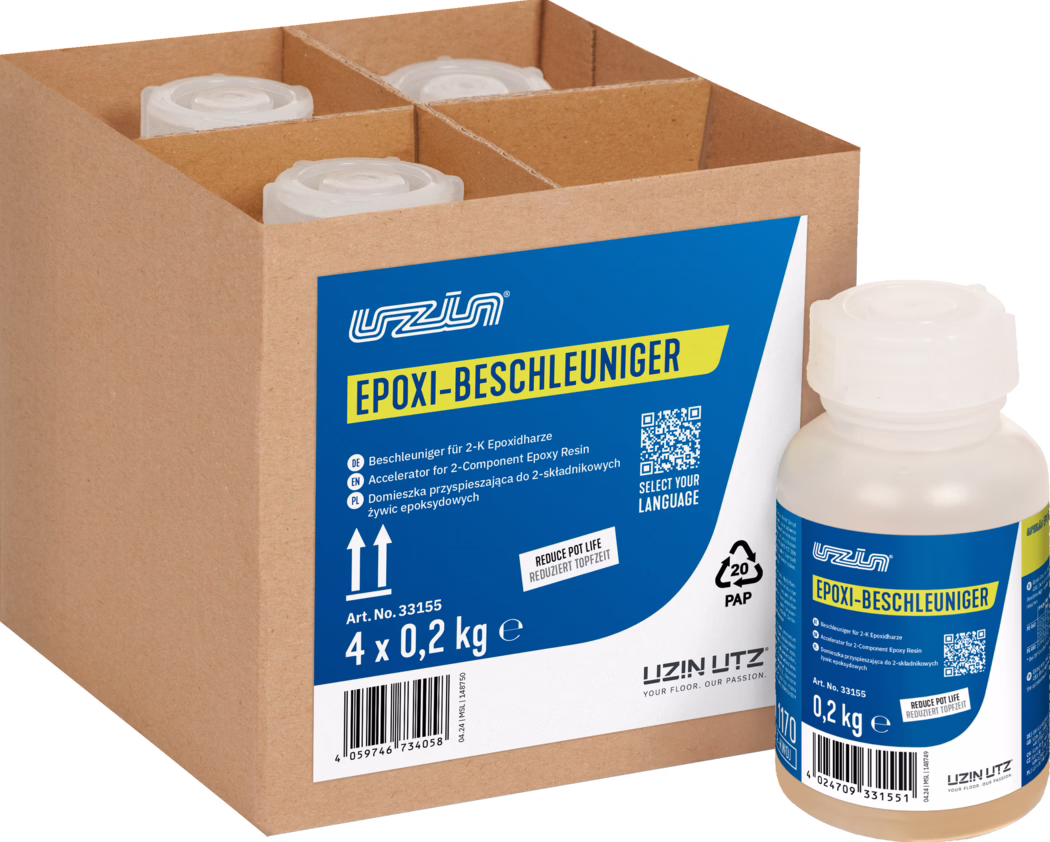 UZIN_Dummy_Epoxy Accelerator-carton_2024-05 Close-up view of a brown kraft cardboard box divided into four compartments holding small white plastic bottles with screw caps. The front label is blue and yellow and prominently reads 'EPOXI-BESCHLEUNIGER', with the brand 'UZIN', product information such as '4 x 0,2 kg', a QR code and a recycling symbol visible. The image shows the textured cardboard dividers, the tops of the bottles and part of one bottle at the right against a white background; the packaging and label text appear in multiple languages.