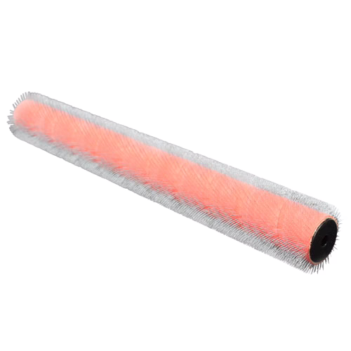 UZIN_Dummy_180713_Metal-tined-spike-roller_48094 Long cylindrical replacement brush roller with dense pink and white bristles and black plastic end caps, suitable for floor sweepers or rotary cleaning machines, shown isolated on a white background.