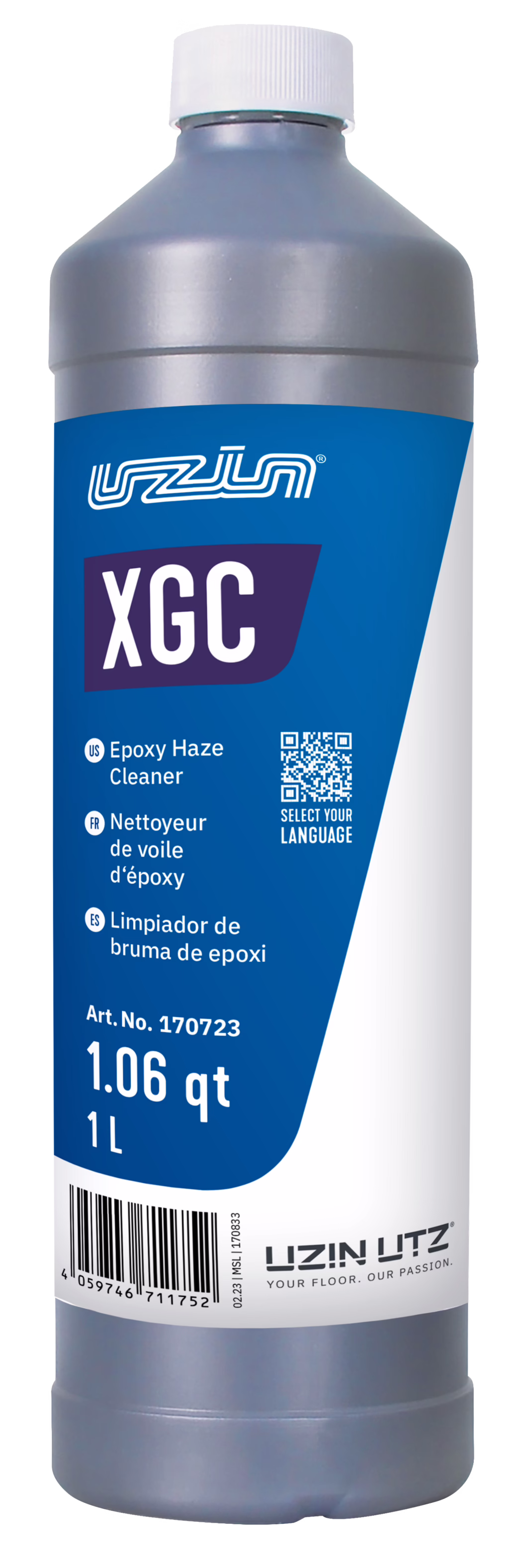 UZIN_Product Image_XGC_1l_US_2023-03 A tall gray plastic bottle with a white screw cap and a blue label reading 'XGC'. The product is XGC Epoxy Haze Cleaner by UZIN UTZ; the label shows volume 1.06 qt / 1 L, article number 170723, a QR code and a barcode. Intended for removing epoxy haze from floor coatings. The UZIN UTZ logo and the tagline 'Your floor. Our passion.' are visible.