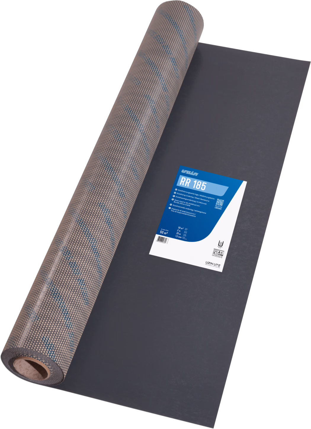UZIN_Dummy_RR 185_2024-06 Roll of roofing underlayment partially unrolled on a flat surface, showing a textured brown top layer with subtle blue diagonal lines and a dark gray underside; a blue-and-white product label reads 'RR 185' with technical specifications.