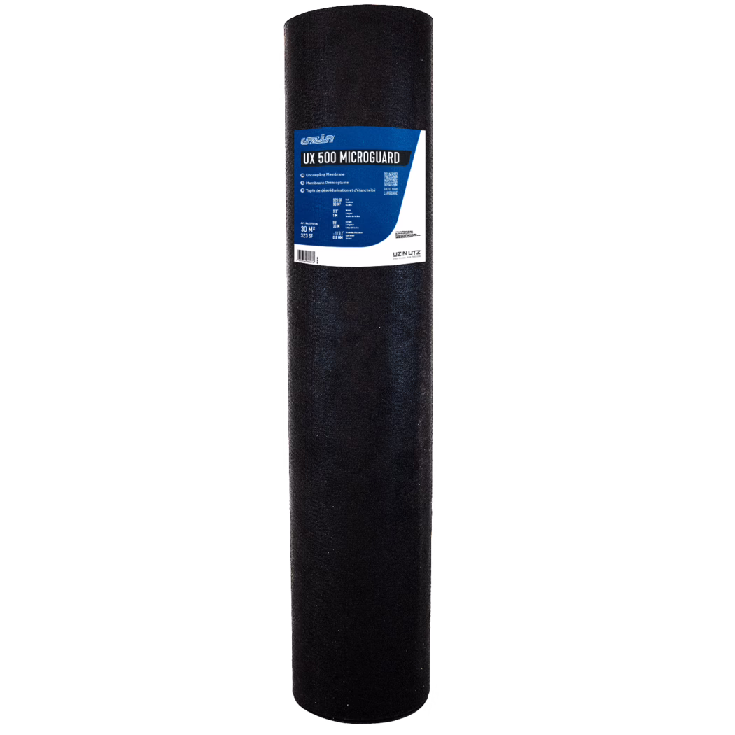Vertical cylindrical roll of black underlay material photographed against a white background. The textured roll stands upright and features a blue-and-white product label near the top with the text 'UX 500 MICROGUARD' and a company logo. The material appears to be a decoupling membrane or protective floor underlay with a felt-like surface. The clean studio shot isolates the product for catalog use.